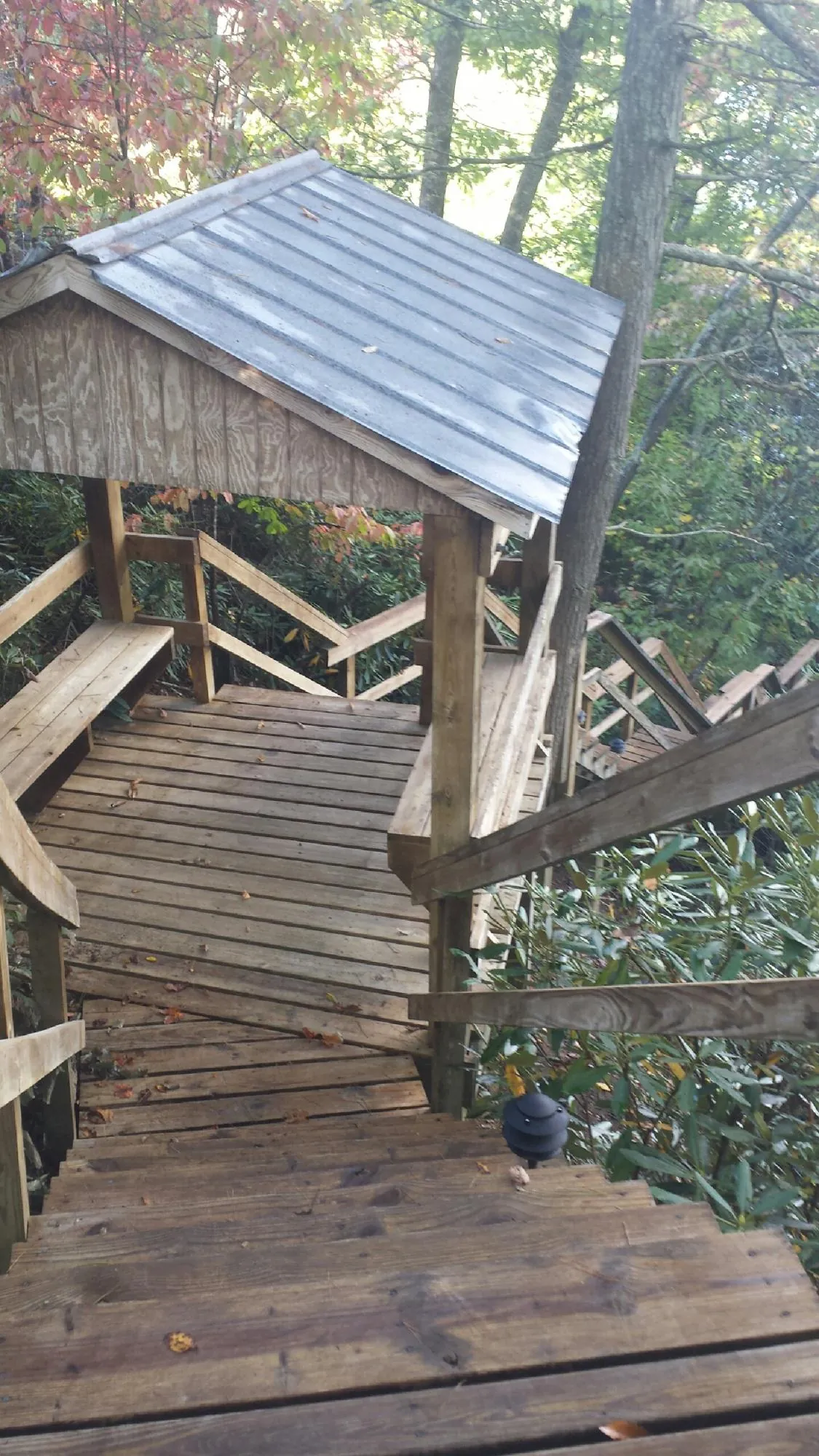 Metal roofed shelter over wooden steps on a wooded walkway — Skylight Repair & Installation work by our crew in King George